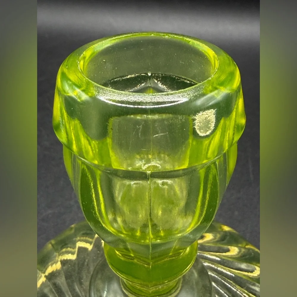 Vintage Vaseline Uranium Optic Twist Glass Candlestick Candle Holder Collectible